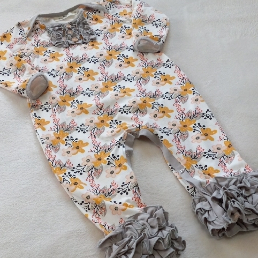 Marie Nicole Yellow and Gray Floral Ruffle Kids One Piece